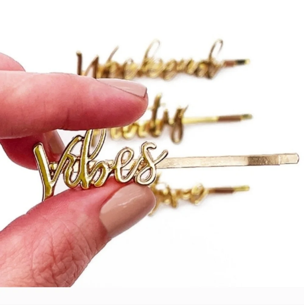Adama BNIB Gold Script Word Barrettes - Party Vibes Positive Weekend